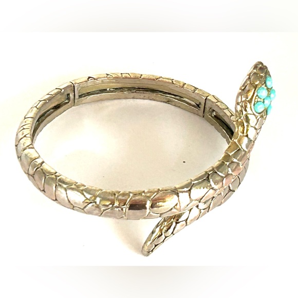 Hinged Silver Snake Reptile 🦎 Bangle Bracelet Faceted Faux Turquoise Blue Eyes - Picture 3 of 16